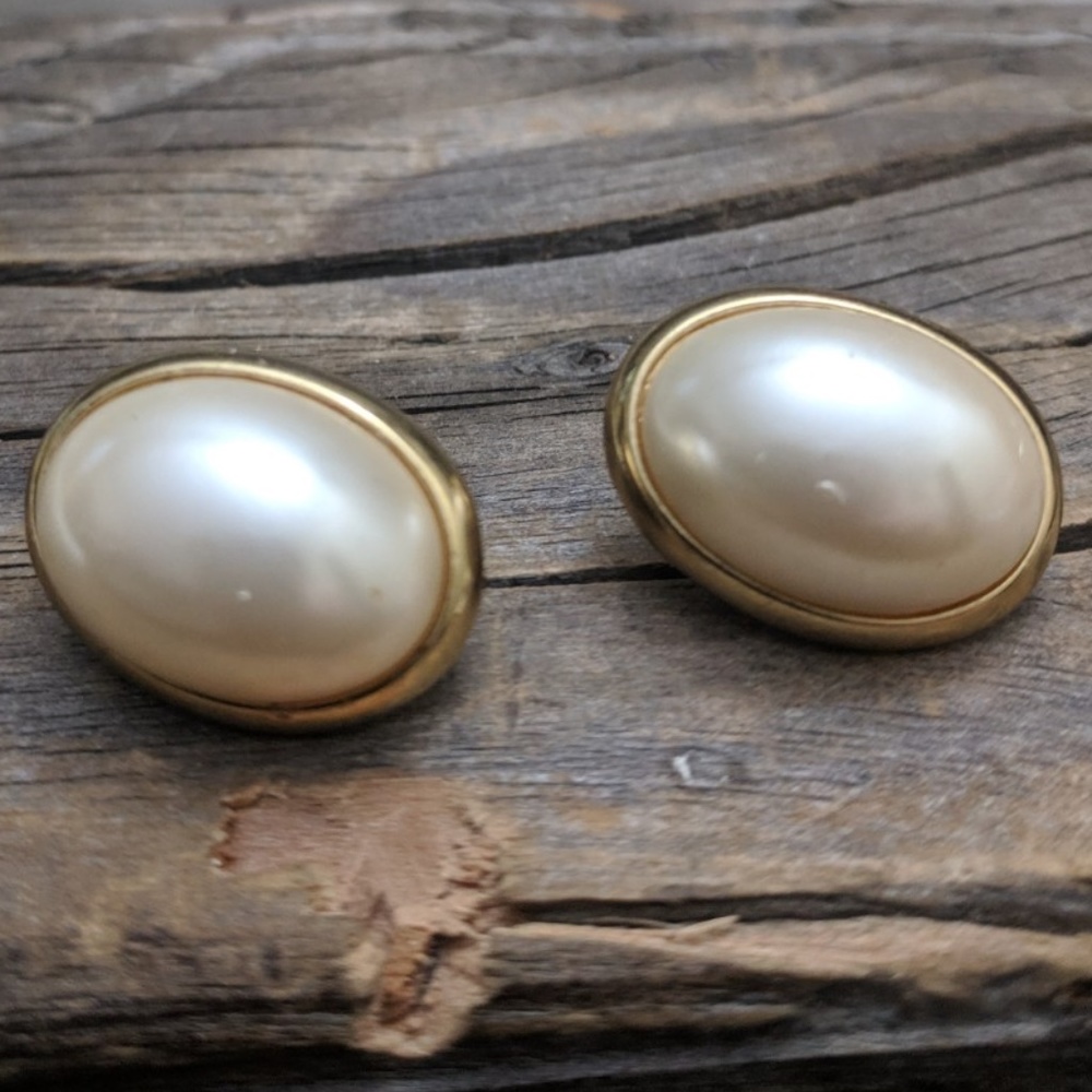 Vintage Pearl Cabochon Earrings with Gold Accents